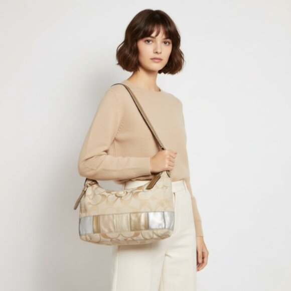 Coach Womens Canvas Stripe Patch Hobo Tan Shoulder Bag - Picture 1 of 16